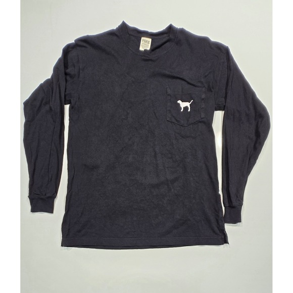 PINK Victoria's Secret Tops - Victoria's Secret PINK XS Black Long Sleeve T-Shirt Dog Logo Pocket‎ Graphic